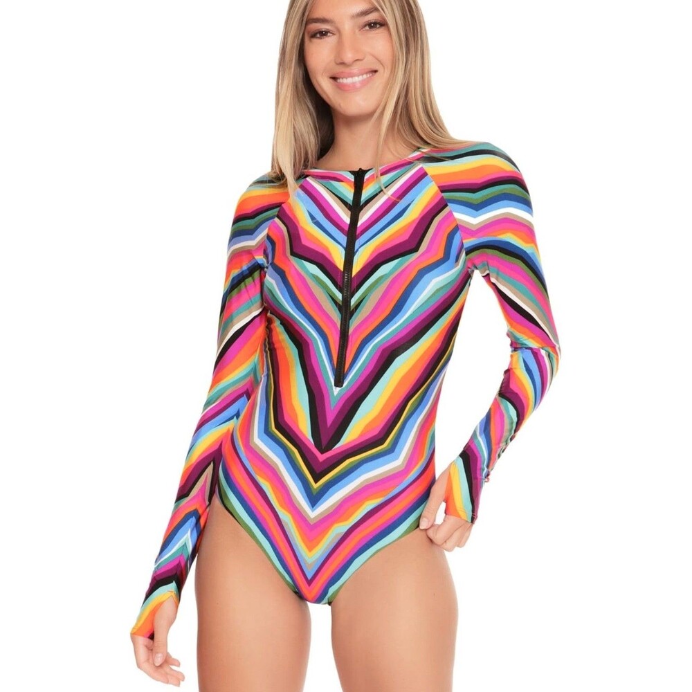 Trina Turk Louvre Striped Half Zip SPF 50 Paddle Suit Swimsuit Women Size L (A6)